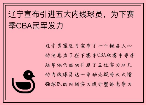 辽宁宣布引进五大内线球员，为下赛季CBA冠军发力
